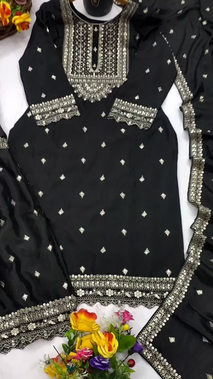 Designer Chinon Sharara Suit with Cording‑Sequin Embroidery | Party‑Wear Ensemble Drape Dress