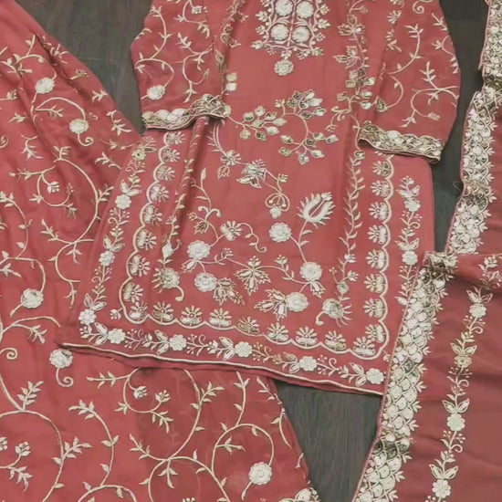 Pink Designer Fox Georgette Sequins Embroidered Sharara Suit