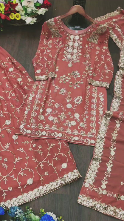 Pink Designer Fox Georgette Sequins Embroidered Sharara Suit