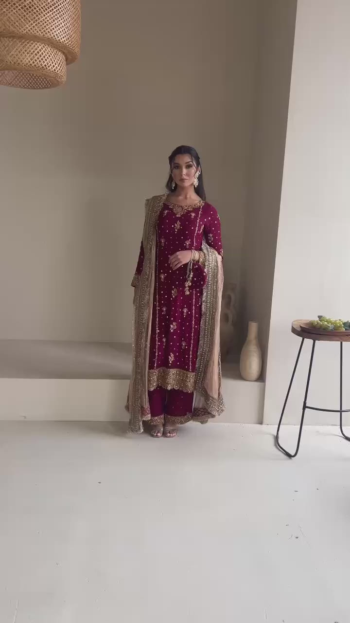 Maroon Majesty Heavy Embroidered Sharara Suit with Gold Net Dupatta - Drapes Dress