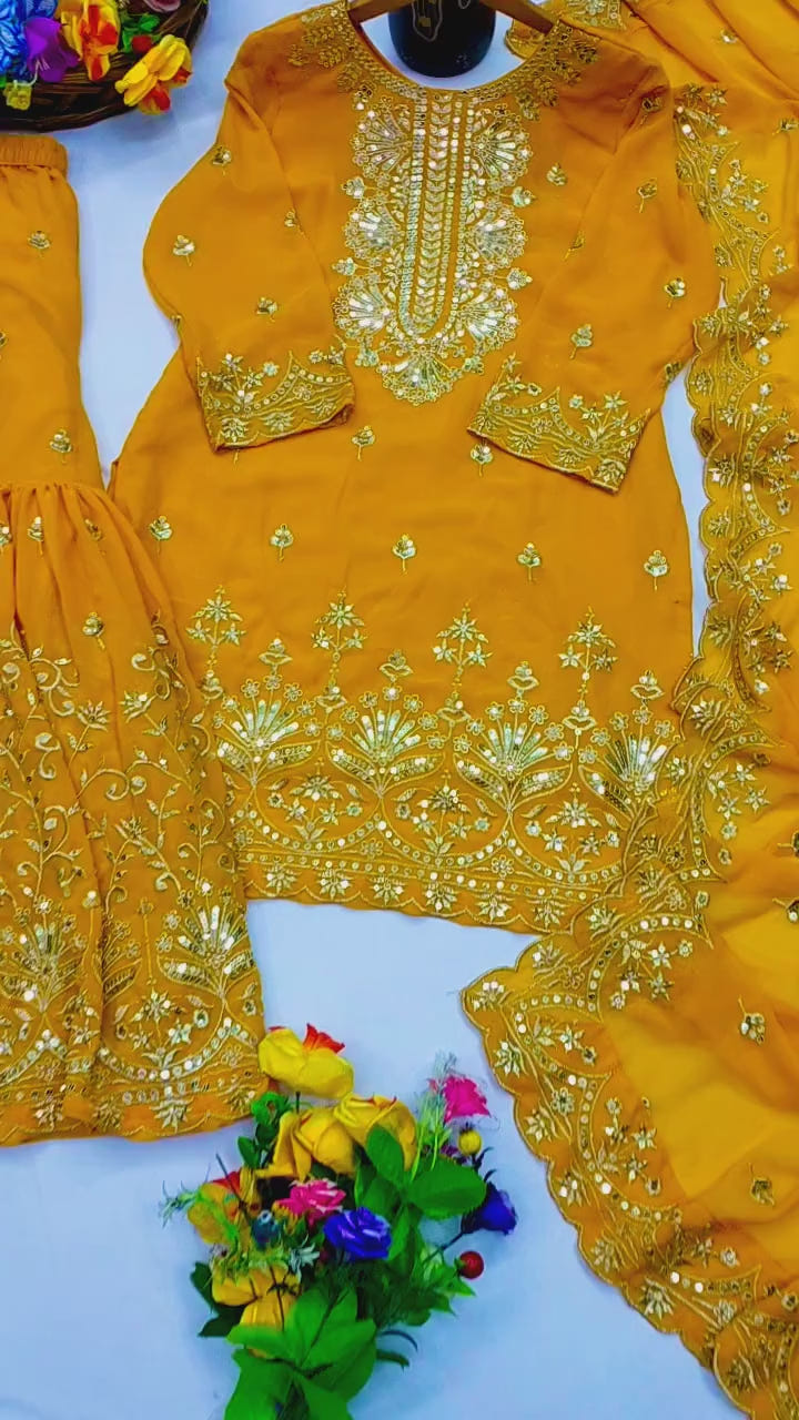 Designer Georgette Sequin-Embroidered Sharara Suit | Party Wear Drape Dress