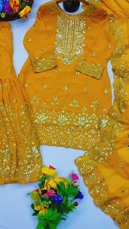 Designer Georgette Sequin-Embroidered Sharara Suit | Party Wear Drape Dress