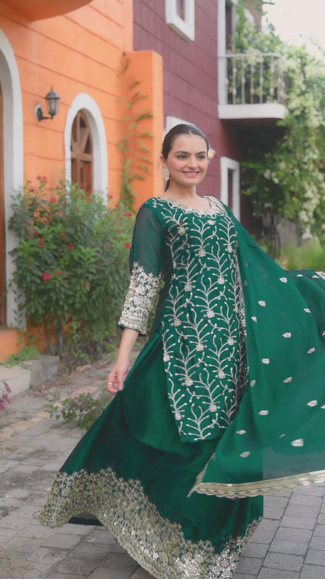 Teal Chinon Sharara Suit with Gold Sequin Leaf Embroidery | Designer Festive Wear Drape Dress
