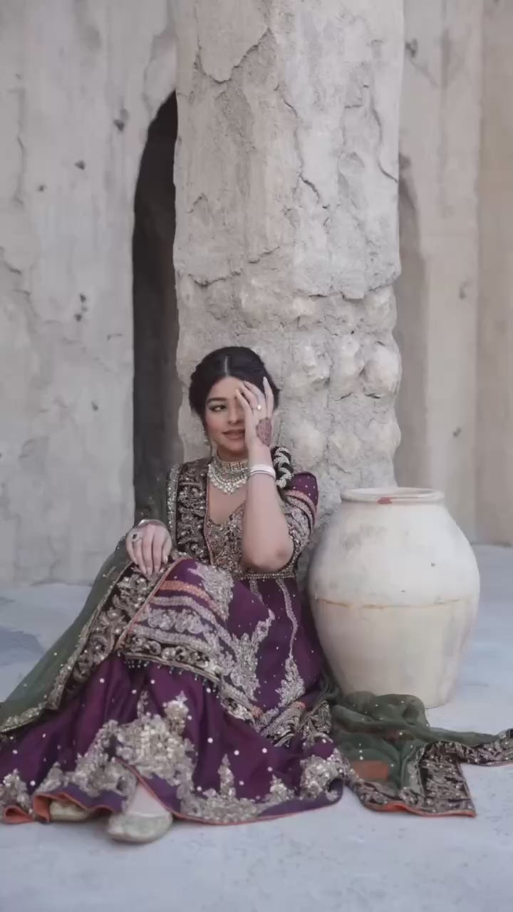 Regal Plum Bridal Sharara Suit with Antique Zari and Embellished Dupatta