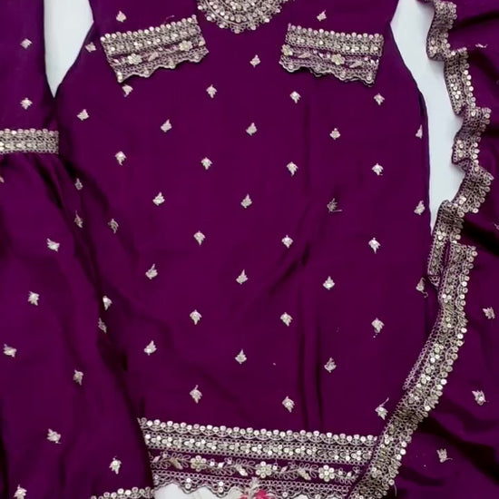 Designer Chinon Sharara Suit with Cording‑Sequin Embroidery | Party‑Wear Ensemble Drape Dress