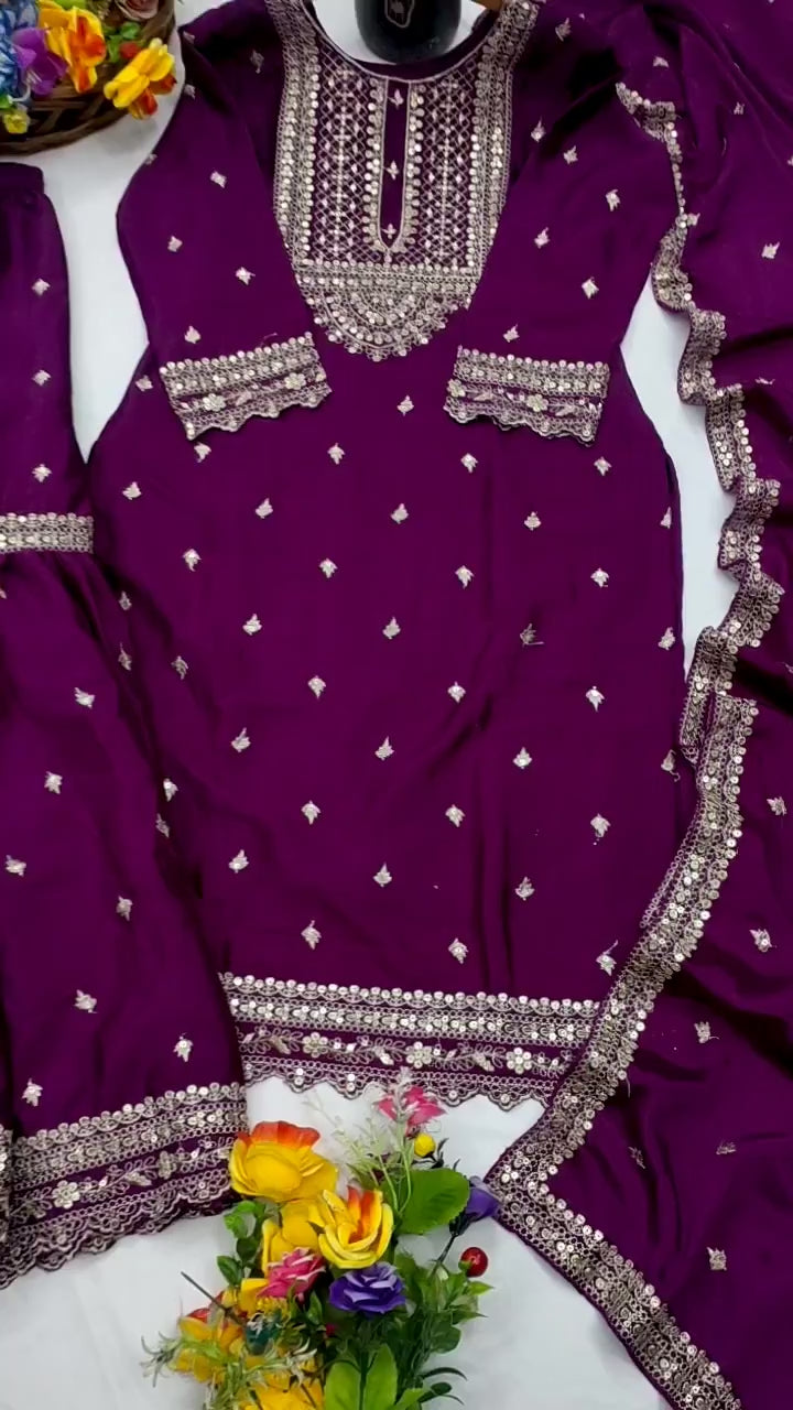 Designer Chinon Sharara Suit with Cording‑Sequin Embroidery | Party‑Wear Ensemble Drape Dress