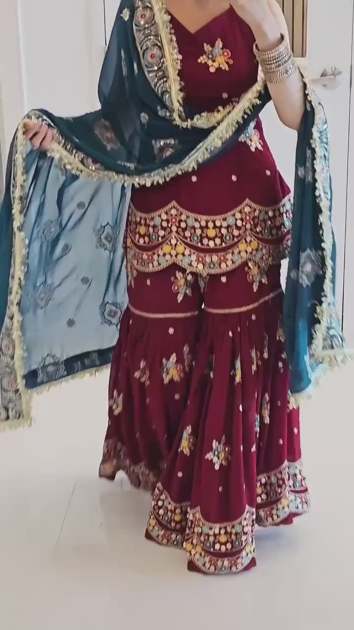 Maroon Sharara Set with Teal Embroidered Dupatta