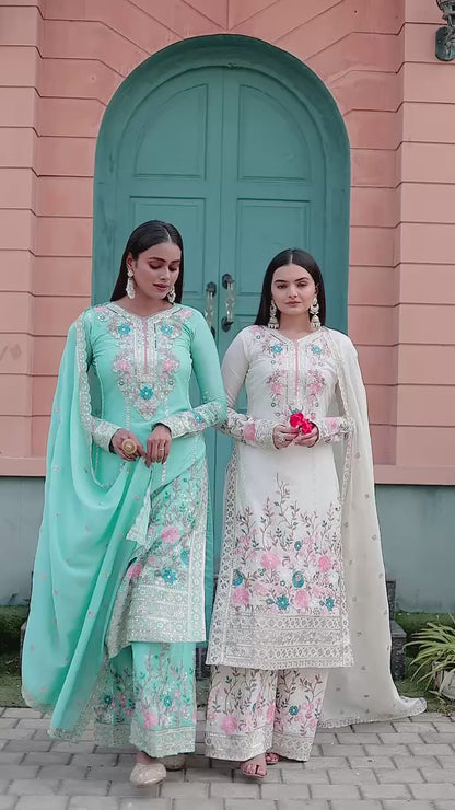 Floral Embroidered Pakistani Style Straight Suit Set with Mirror Work & Matching Dupatta