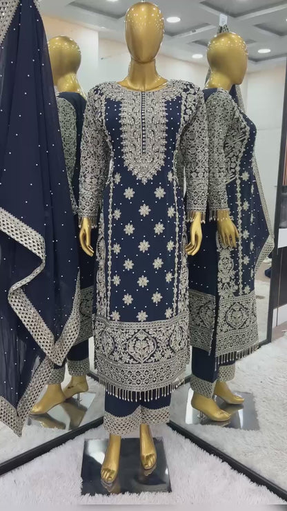 Royal Midnight Embroidered Palazzo Suit with Pearl Net Dupatta