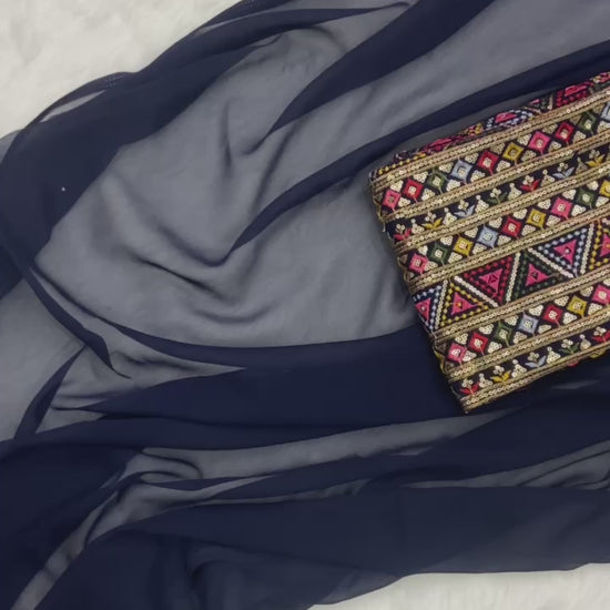 Navy Bule Original Georgette Digital Print Saree with Embroidery Blouse