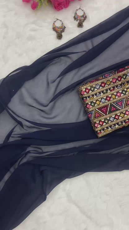 Navy Bule Original Georgette Digital Print Saree with Embroidery Blouse