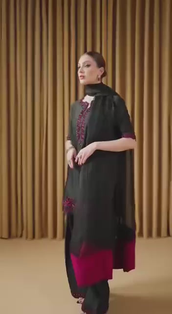 Black Embroidered Palazzo Suit with Wine Red Threadwork and Chiffon Dupatta