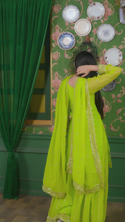 Designer Georgette Sharara Suit with Sequin Embroidery | Festive Wear Ensemble Drape Dress