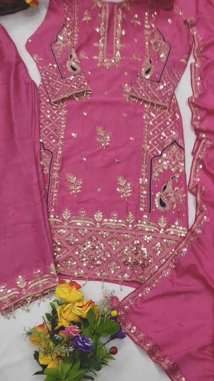 Designer Chinon Sequin-Embroidered Suit | Party-Wear Salwar Kameez Drape Dress