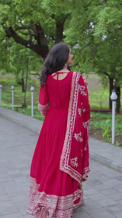 Pink Anarkali Gown with Heavy Zari Embroidery & Velvet Dupatta