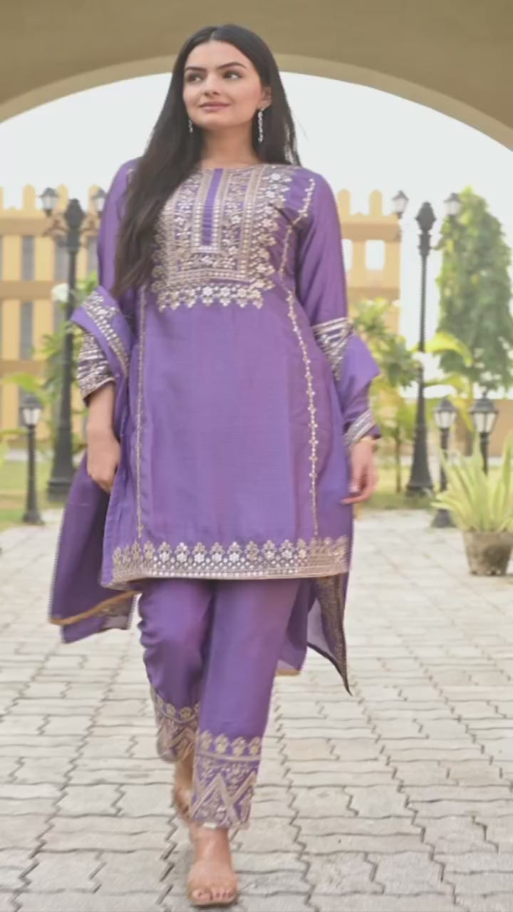 Designer Chinon Sequin Embroidered Salwar Suit | Party Wear Drape Dress