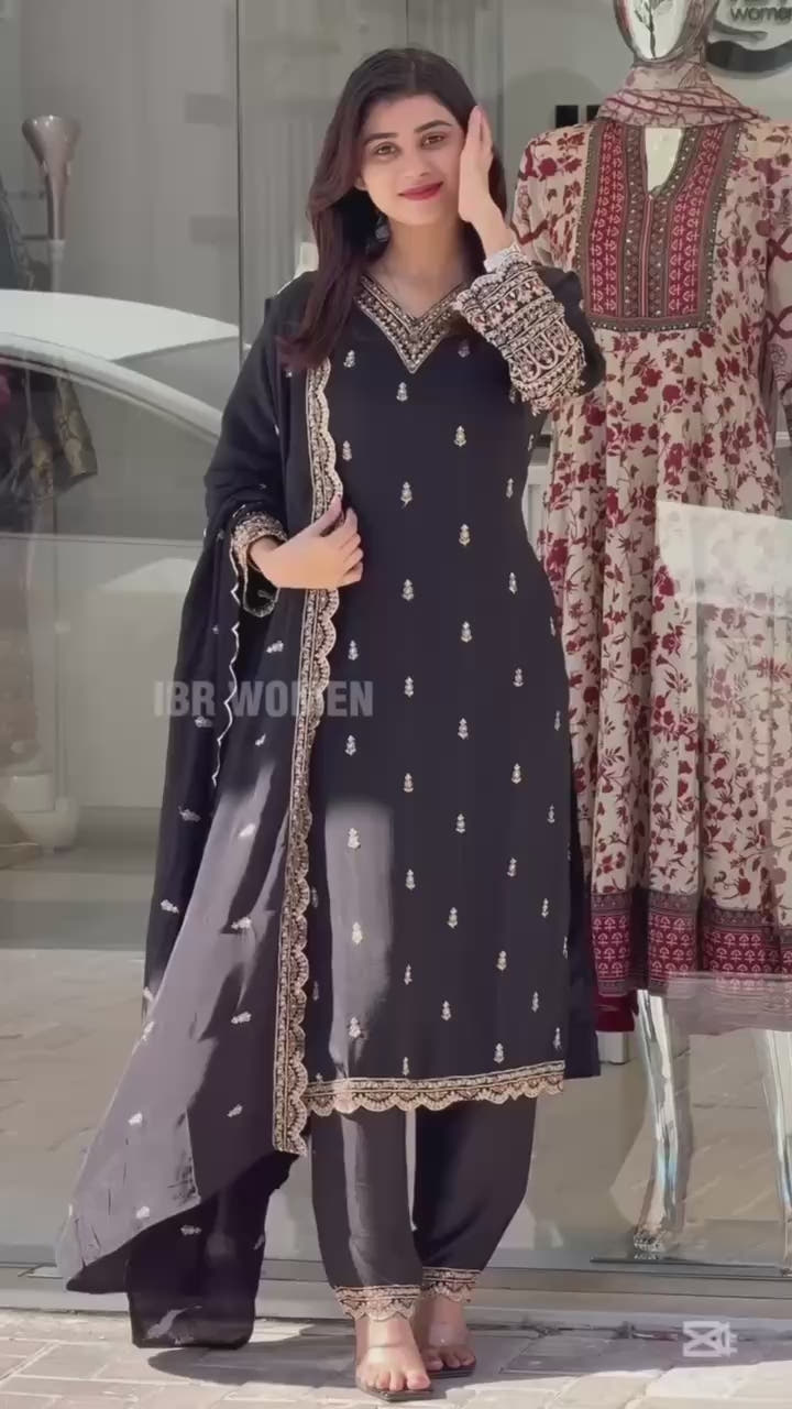 Black Straight Cut Suit with Golden Thread Embroidery and Matching Dupatta