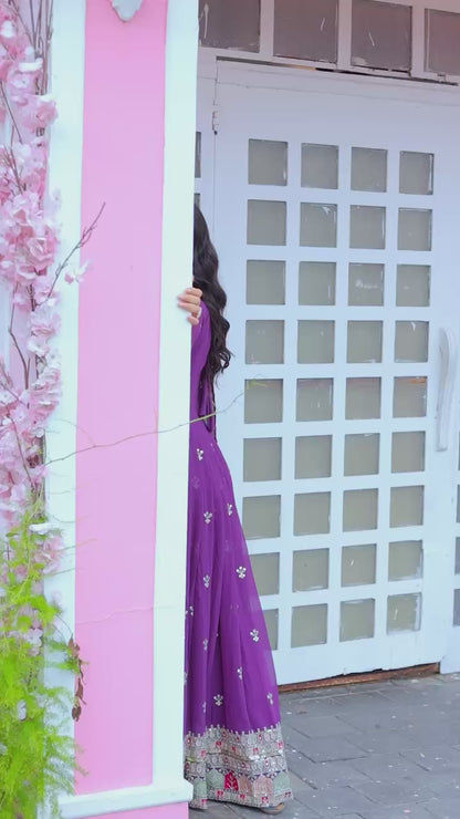 Plum Purple Flared Anarkali Gown with Multicolor Mirror Embroidered Border and Dupatta
