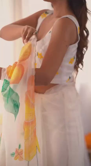 White Designer Soft Tebi Silk Printed Saree and Val Moti Border Blouse