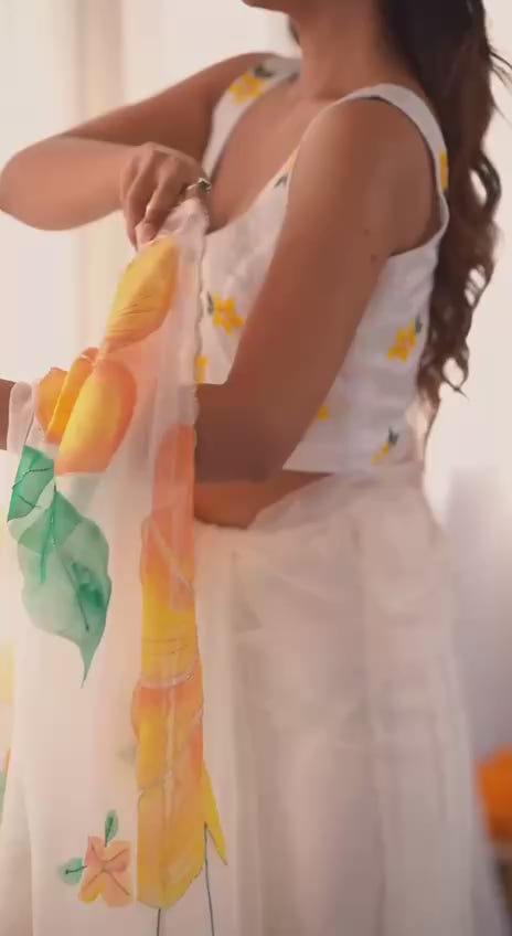 White Designer Soft Tebi Silk Printed Saree and Val Moti Border Blouse