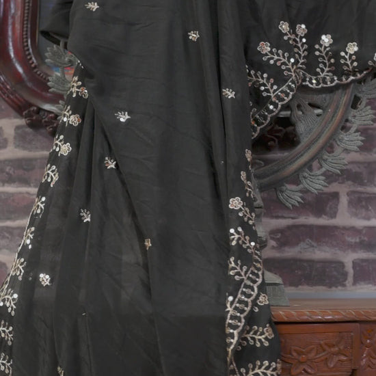 Designer Chinon Sharara Suit with Sequin Sequence Embroidery | Festive Wear Drape Dress