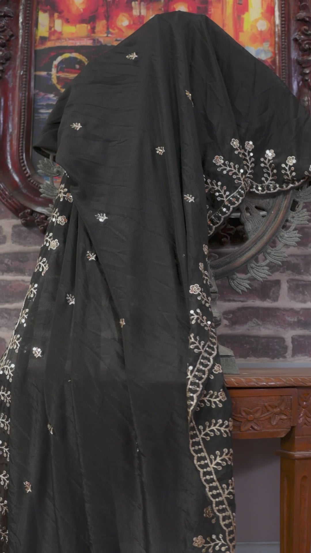 Designer Chinon Sharara Suit with Sequin Sequence Embroidery | Festive Wear Drape Dress