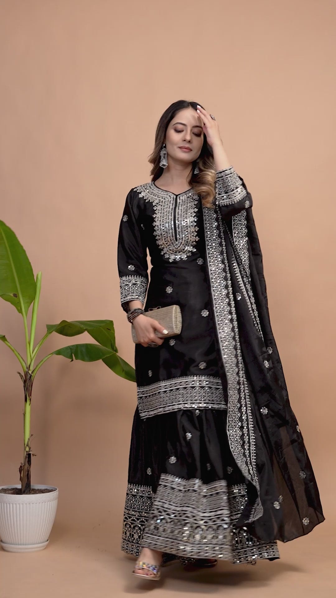 Designer Chinon Sharara Suit with Sequin Embroidery for Weddings Drape Dress
