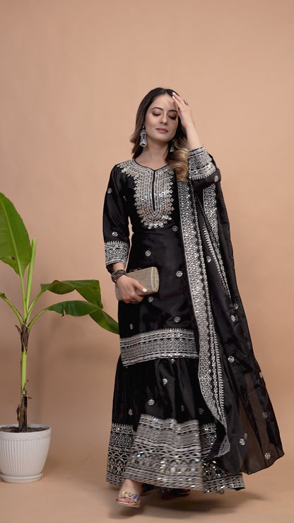 Designer Chinon Sharara Suit with Sequin Embroidery for Weddings Drape Dress