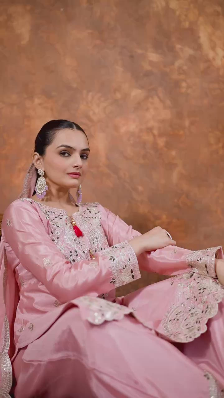 Zari Mirror Embroidered Straight Kurta Set with Sharara and Scalloped Dupatta