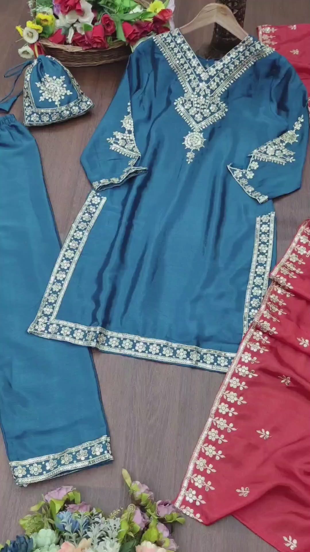 Lovely Peacock Blue Color Chinon Embroidery Work Salwar Suit