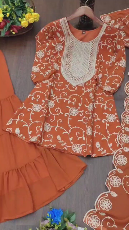 Designer Georgette Sharara Suit with Beautiful Embroidered Work
