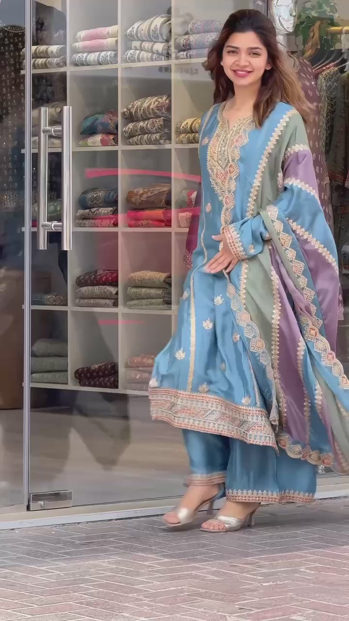 Pastel Blue Hand Embroidered A-Line Kurta Set with Multicolor Dupatta