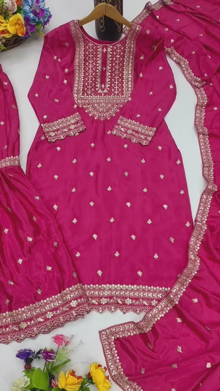 Designer Chinon Sharara Suit with Cording‑Sequin Embroidery | Party‑Wear Ensemble Drape Dress