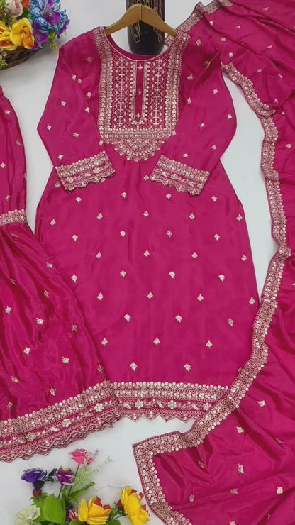 Designer Chinon Sharara Suit with Cording‑Sequin Embroidery | Party‑Wear Ensemble Drape Dress