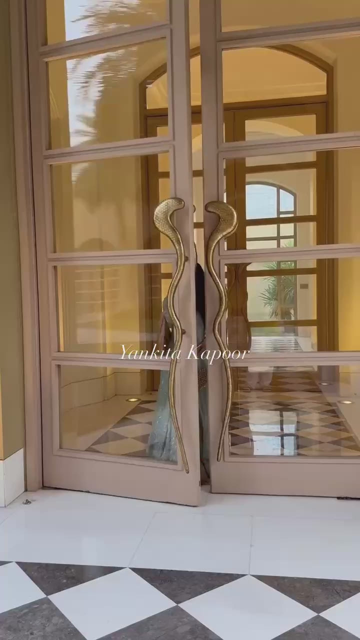 Pastel Mint Golden Anarkali Gown Set - Drapes Dress