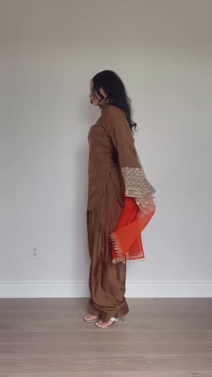 Classic Rust Brown Patiala Suit with Embellished Cuff Sleeves & Dupatta