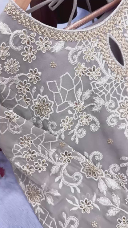 Smokey Grey Georgette Suit Set with Cream Thread Embroidery and Net Dupatta