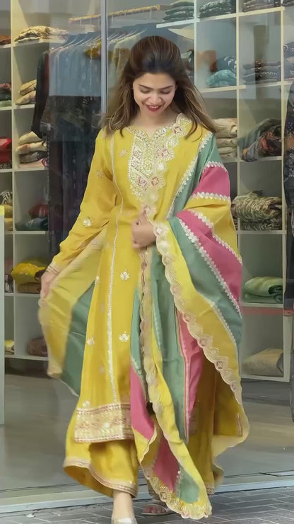 Sunshine Mustard Hand Embroidered Kurta Set with Contrast Multicolor Dupatta