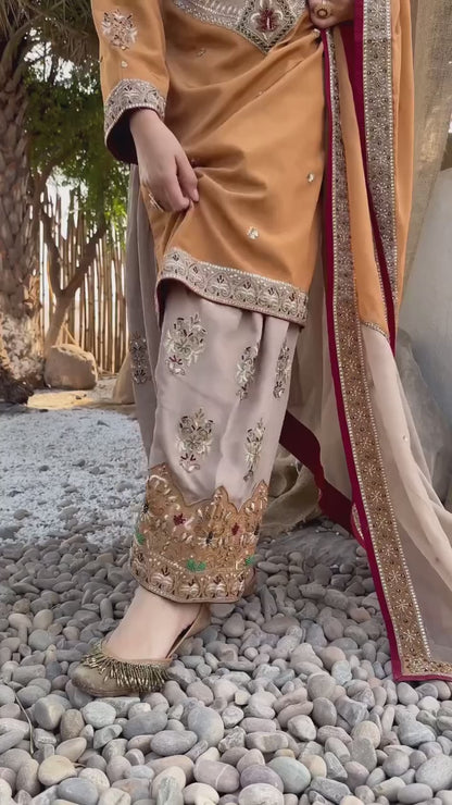 Burnt Orange and Grey Embroidered Palazzo Suit with Heavy Neck Patchwork and Dual-Tone Dupatta