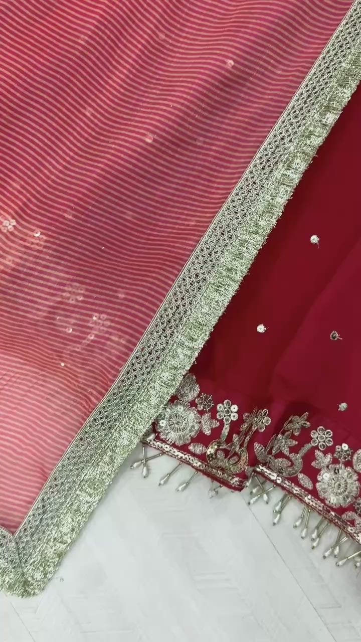 Ruby Red Anarkali Suit Set with Heavy Golden Zari Embroidery and Tissue Dupatta