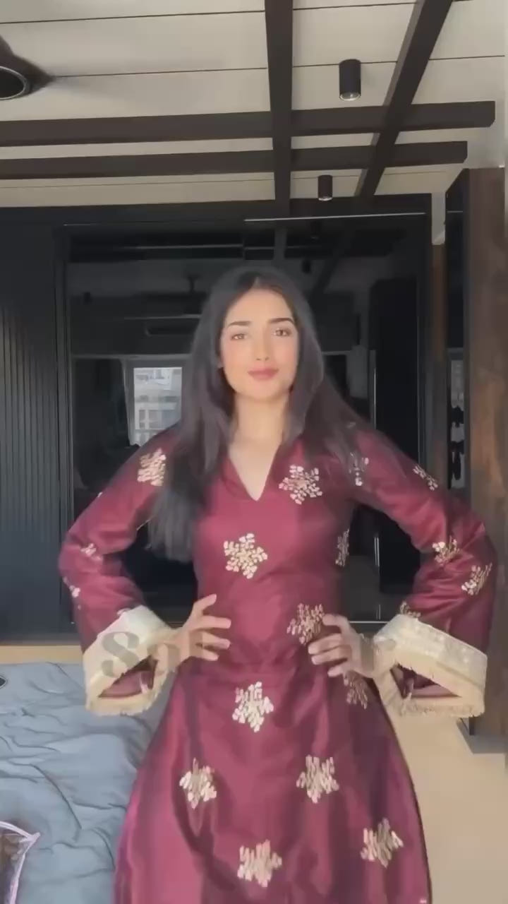 Deep Maroon Silk Straight Kurti with Palazzo & Organza Dupatta