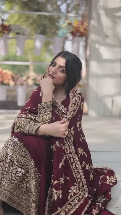 Maroon Regal Anarkali Gown with Heavy Zari Embroidery & Velvet Dupatta