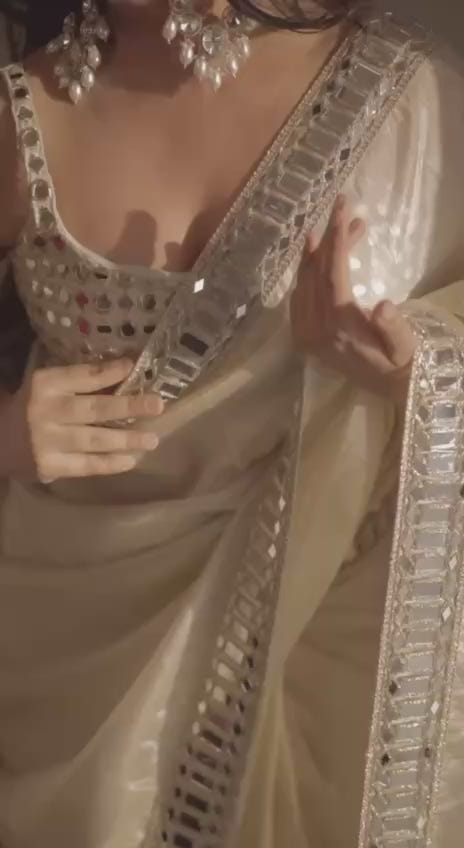 Beige Designer Pure Satin Silk Embroidery Saree and Mirror Work Blouse