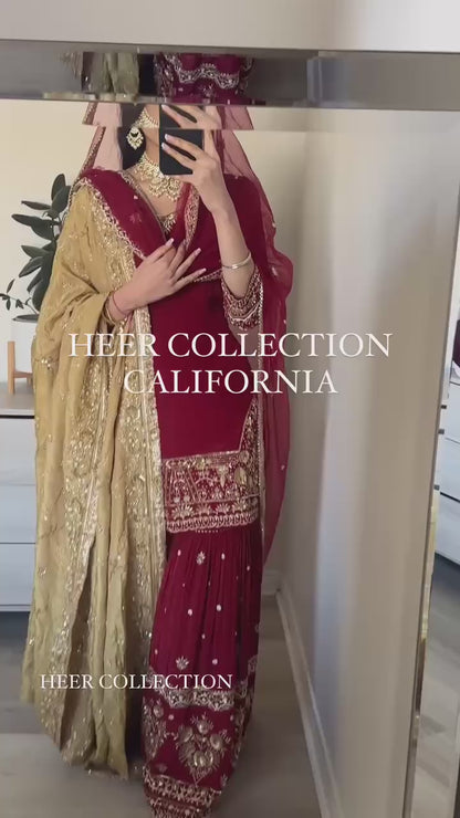 Maroon Bridal Sharara Set with Heavy Zari Embroidery & Golden Dupatta