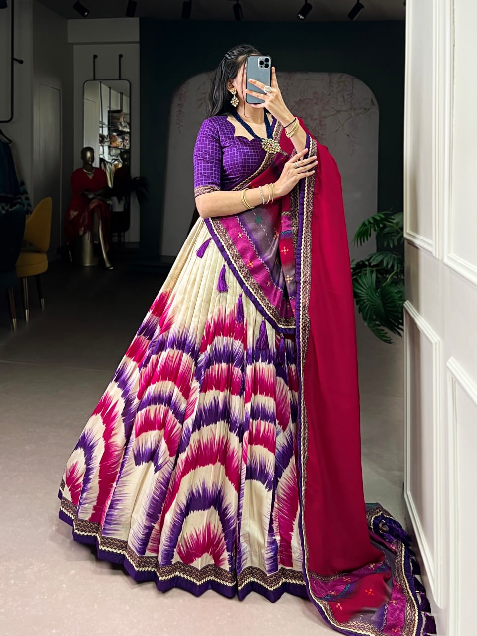 Purple and Cream Tasar Silk Tie-Dye Print Lehenga Choli with matching Dupatta