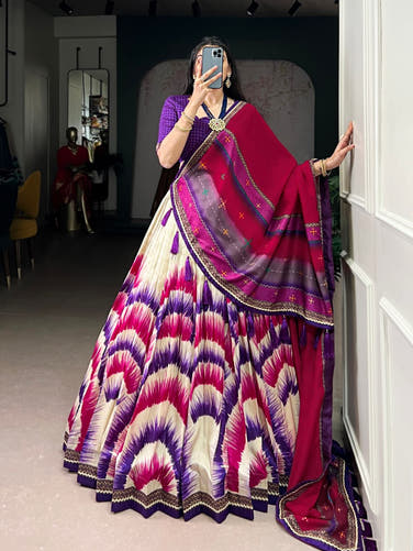 Purple and Cream Tasar Silk Tie-Dye Print Lehenga Choli with matching Dupatta