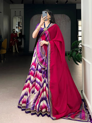 Purple and Cream Tasar Silk Tie-Dye Print Lehenga Choli with matching Dupatta