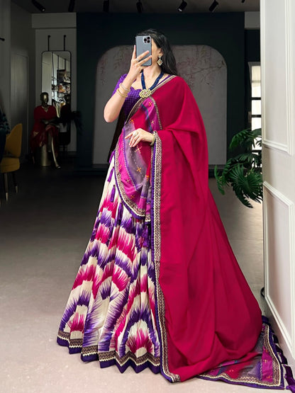 Purple and Cream Tasar Silk Tie-Dye Print Lehenga Choli with matching Dupatta