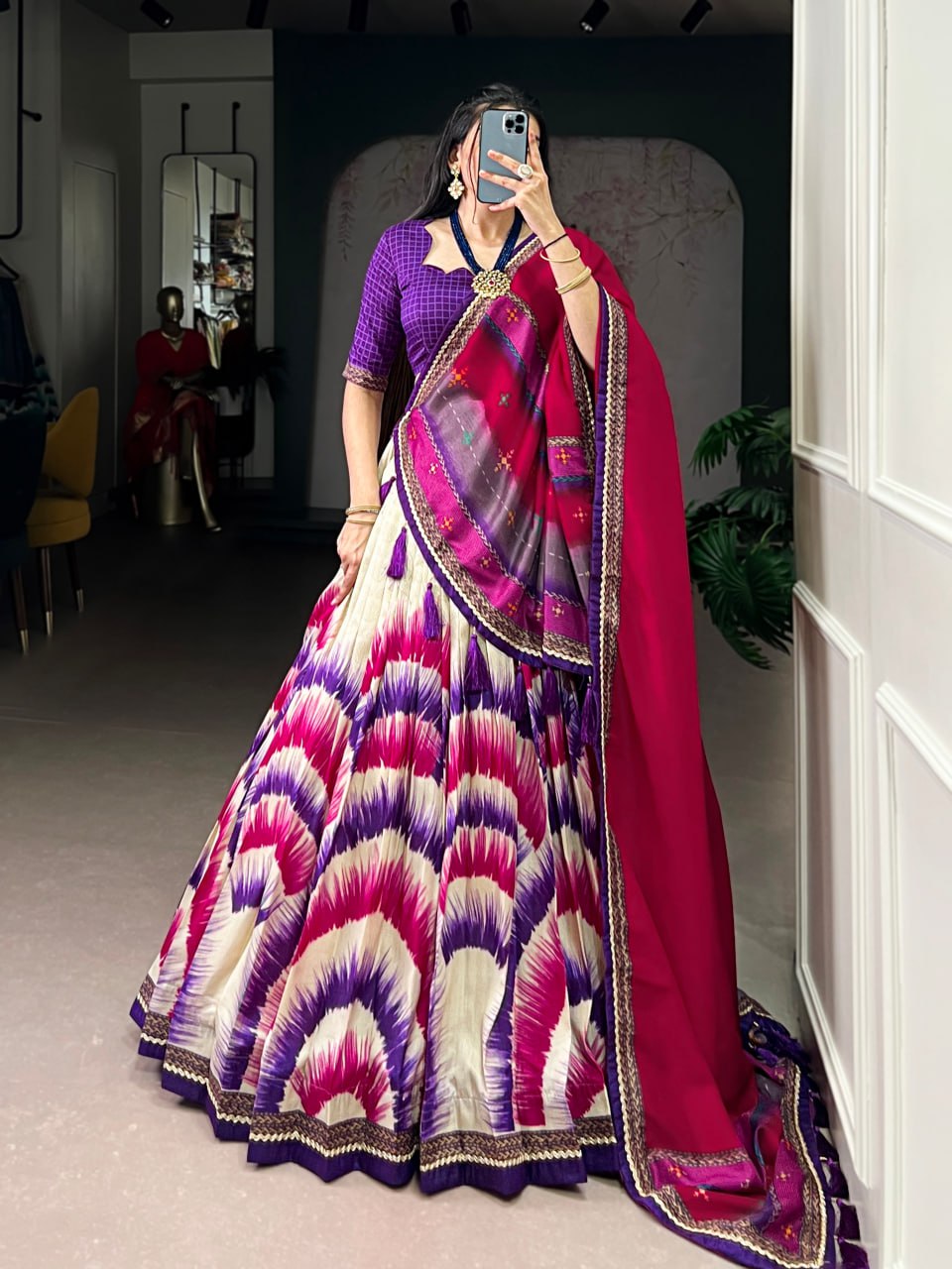 Purple and Cream Tasar Silk Tie-Dye Print Lehenga Choli with matching Dupatta
