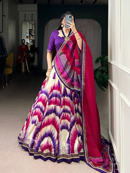 Purple and Cream Tasar Silk Tie-Dye Print Lehenga Choli with matching Dupatta